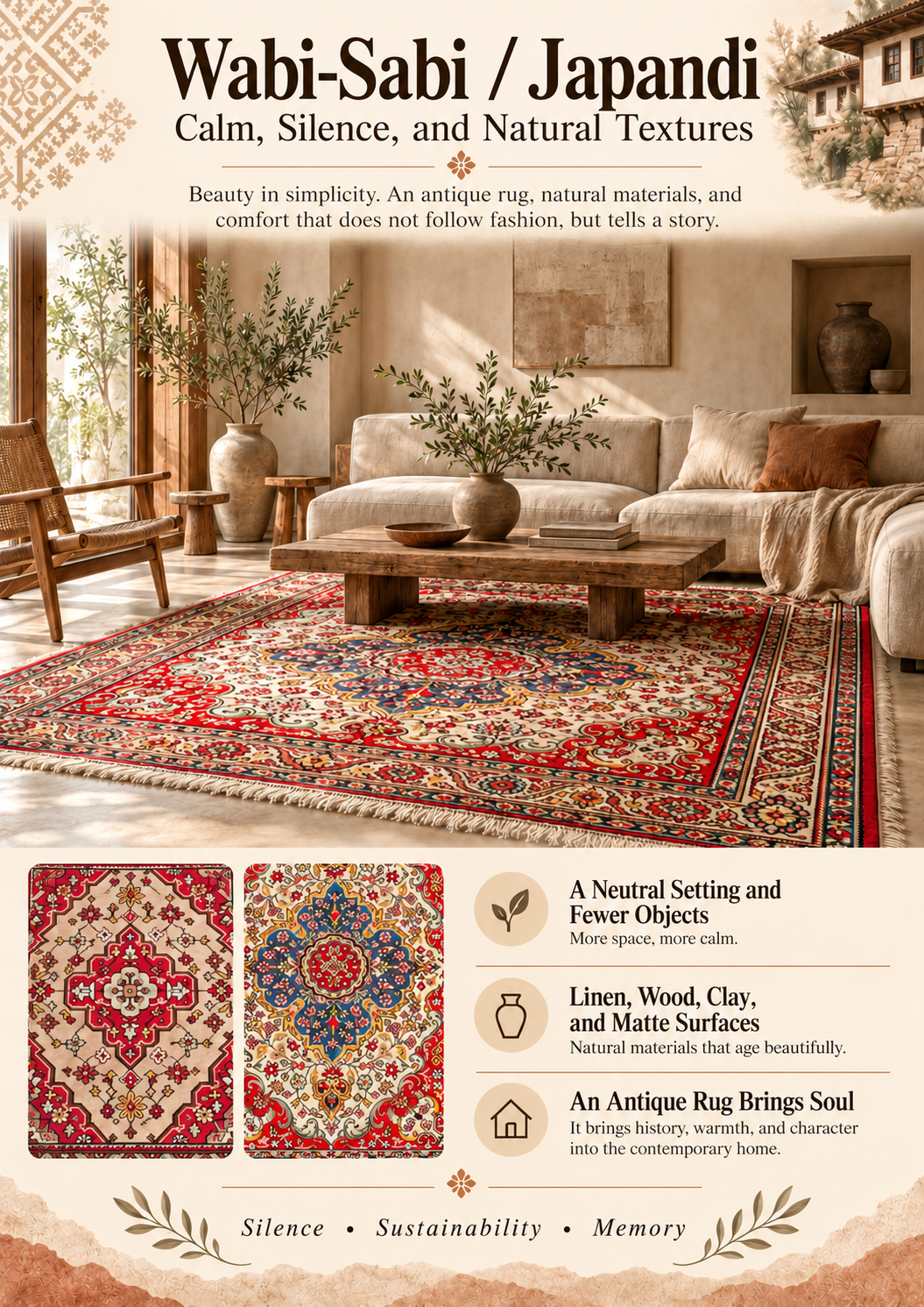 Wabi-sabi and Japandi interior with Bulgarian heritage rug