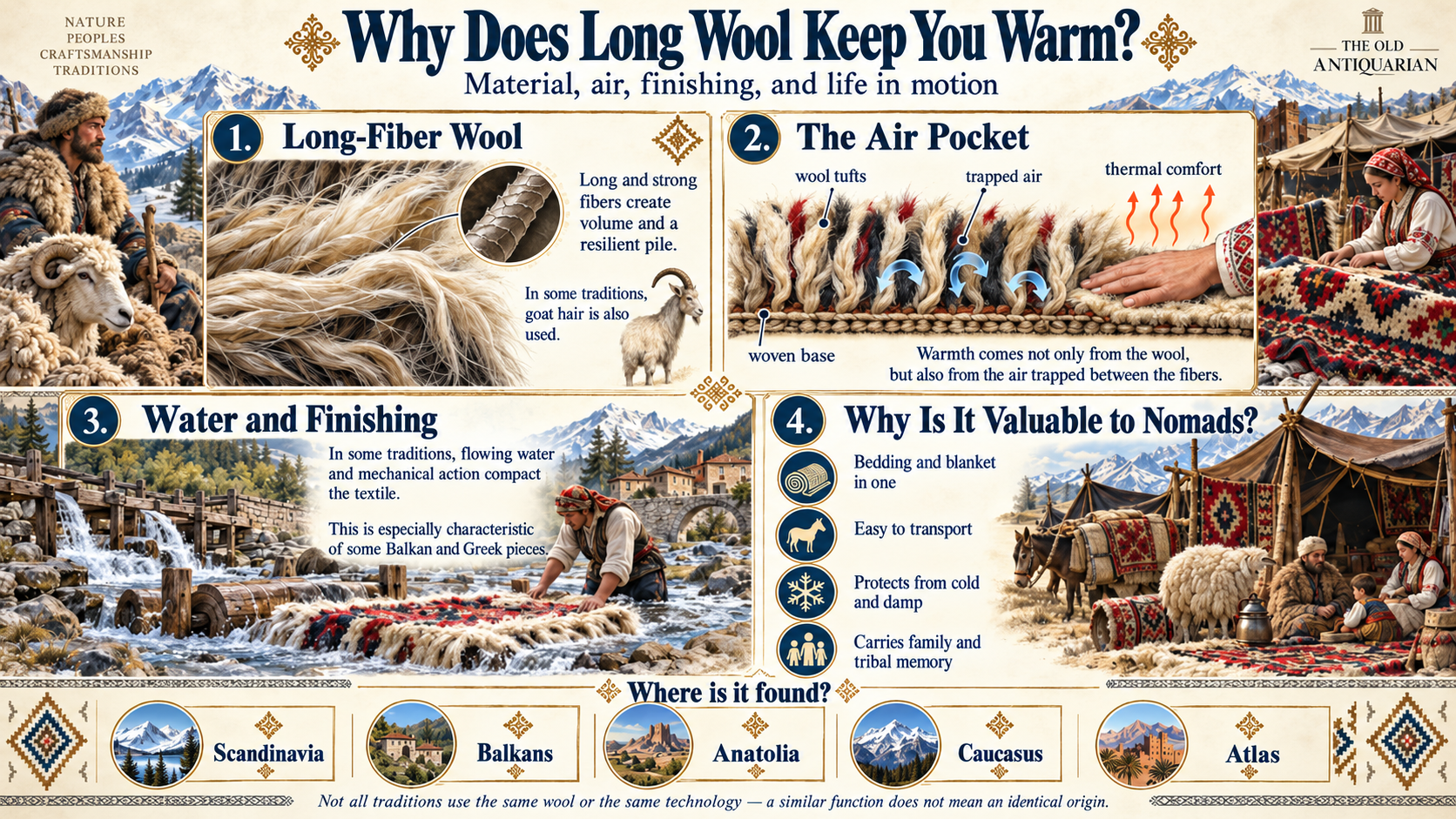 Why Does Long Wool Keep You Warm? Traditional Wool Rugs Infographic Why long wool keeps you warm infographic illustrating long wool fibres, insulating air pockets, water finishing and traditional nomadic wool bedding
